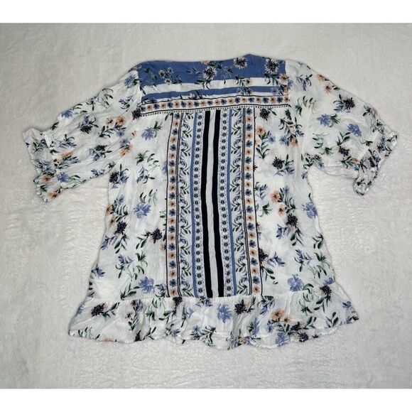 Lucky Brand Floral Blouse Puff Sleeve Crochet V-Neck Small - Picture 2 of 8